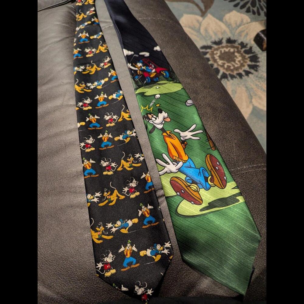 Set Of 2 Vintage Mickey Unlimited Ties/Mickey Mouse/Goofy/Disney/Silk/Polyester